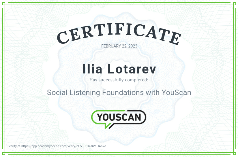 YouScan certificate: Social Listening Foundations with YouScan
