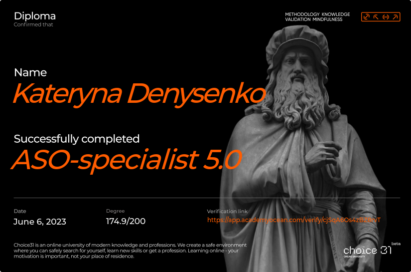 Choice31 certificate: ASO-specialist 5.0