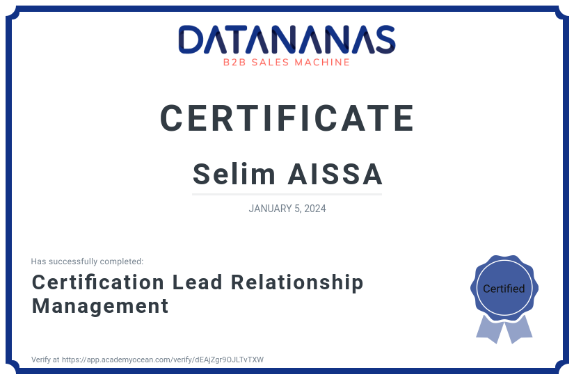 academy certificate: Certification Lead Relationship Management
