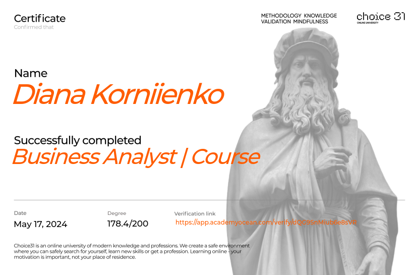 Choice31 certificate: Business Analyst | Course