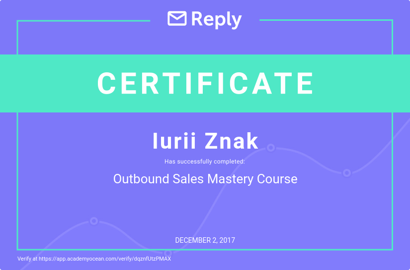 Reply certificate: Outbound Sales Mastery Course