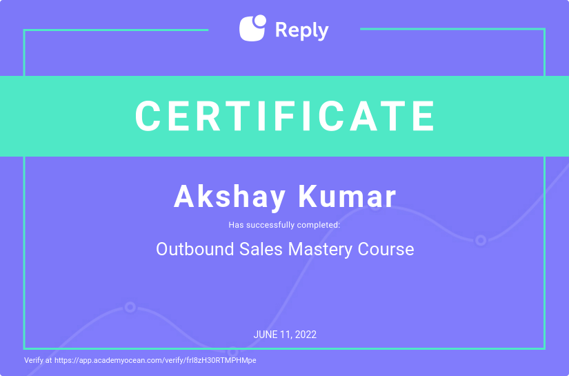 Reply certificate: Outbound Sales Mastery Course
