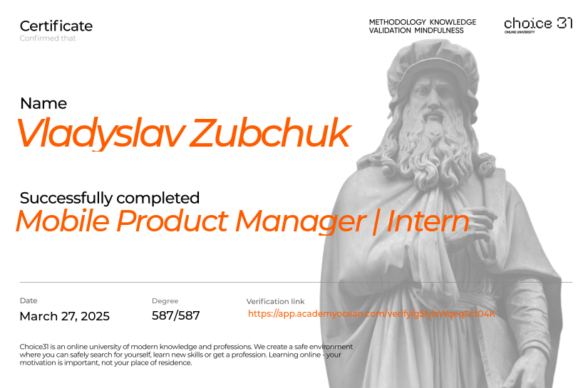 Choice31 certificate: Mobile Product Manager | Intern