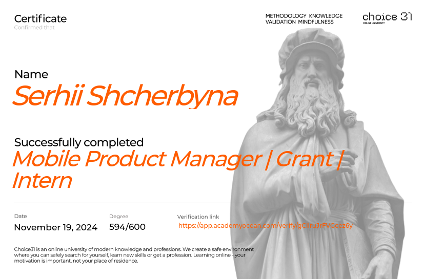 Choice31 certificate: Mobile Product Manager | Grant | Intern