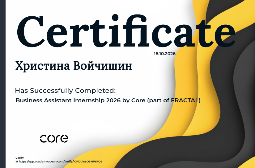 Інтернатура Бізнес-асистентів certificate: Business Assistant Internship 2026 by Core (part of FRACTAL)