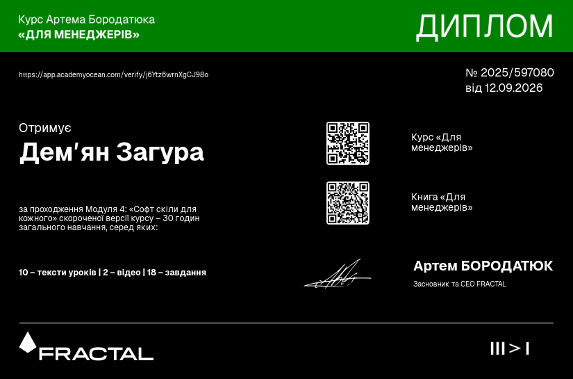 Курс Артема Бородатюка «Для менеджерів» у форматі стислих уроків certificate: Фінальне тестування модуля 1