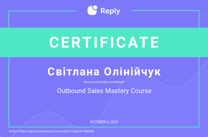Reply certificate: Outbound Sales Mastery Course