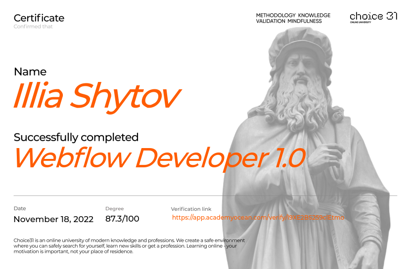 Choice31 certificate: Webflow Developer 1.0