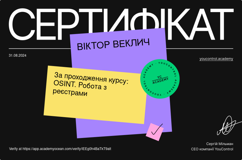 YouControl Академія certificate: OSINT. Робота з реєстрами