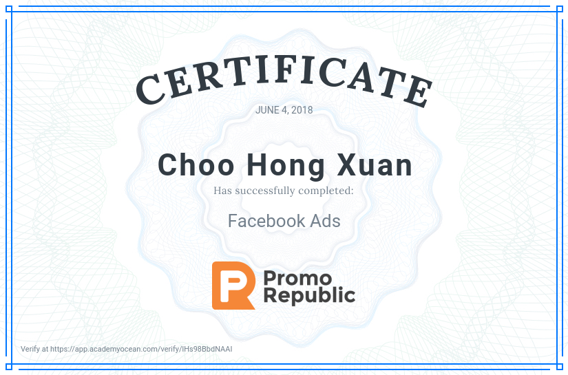 PromoRepublic certificate: Facebook Ads