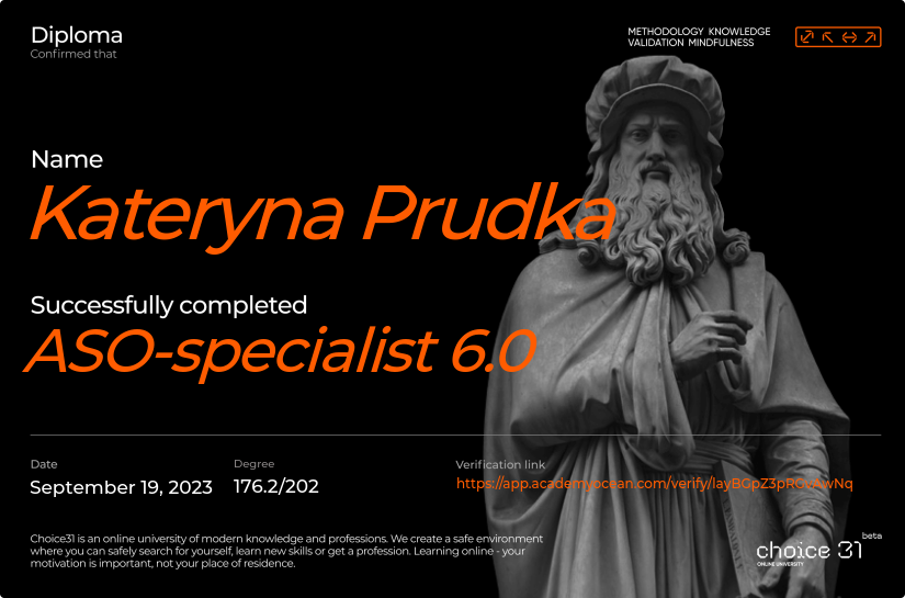 Choice31 certificate: ASO-specialist 6.0