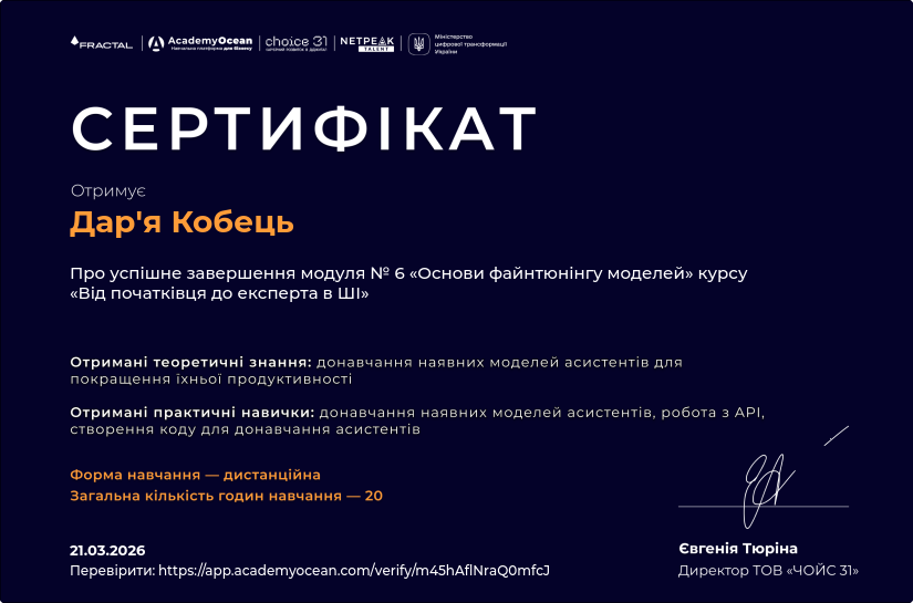 Від початківця до експерта в ШІ certificate: Основи файнтюнінгу моделей ШІ