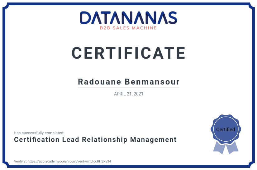academy certificate: Certification Lead Relationship Management