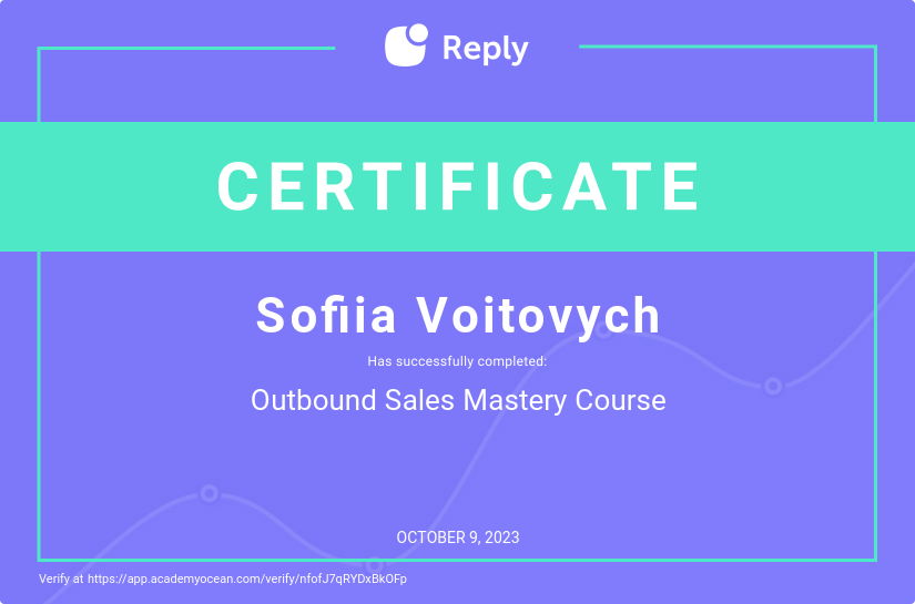 Reply certificate: Outbound Sales Mastery Course