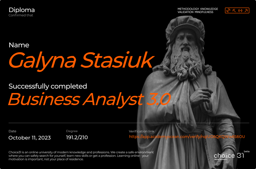 Choice31 certificate: Business Analyst 3.0