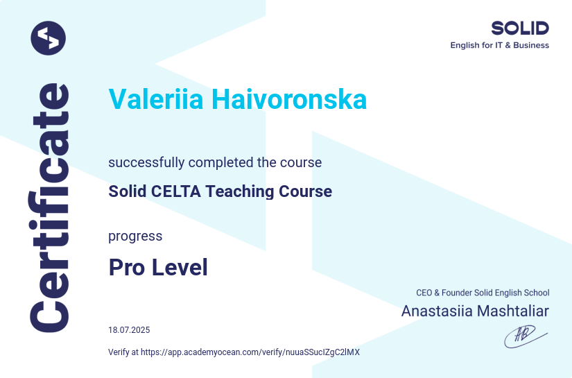 Solid English School Сorporate certificate: Solid CELTA Teaching Course