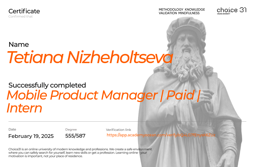 Choice31 certificate: Mobile Product Manager | Paid | Intern