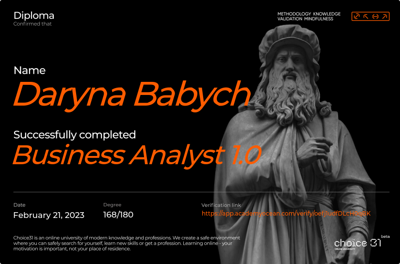 Choice31 certificate: Business Analyst 1.0