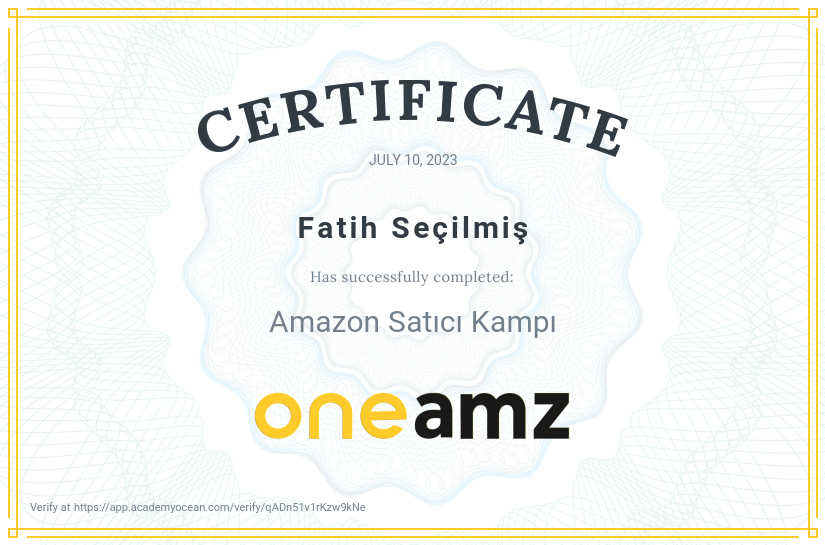 ONEAMZ certificate: Amazon Satıcı Kampı
