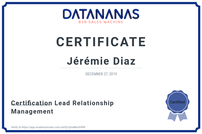 academy certificate: Certification Lead Relationship Management