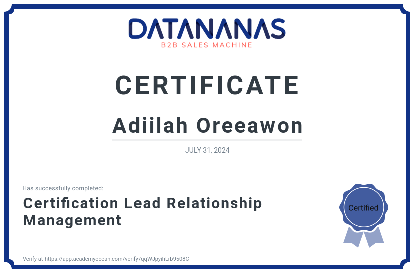 academy certificate: Certification Lead Relationship Management