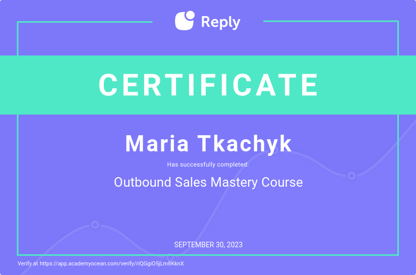 Reply certificate: Outbound Sales Mastery Course