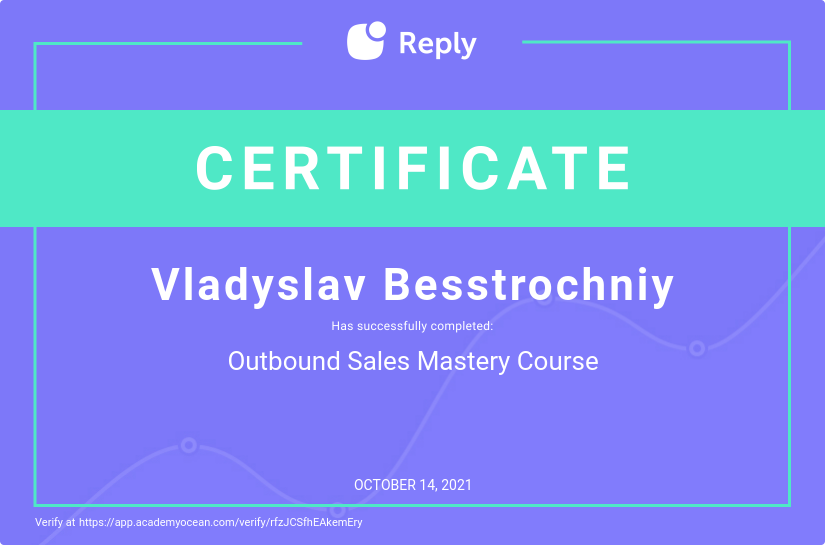 Reply certificate: Outbound Sales Mastery Course