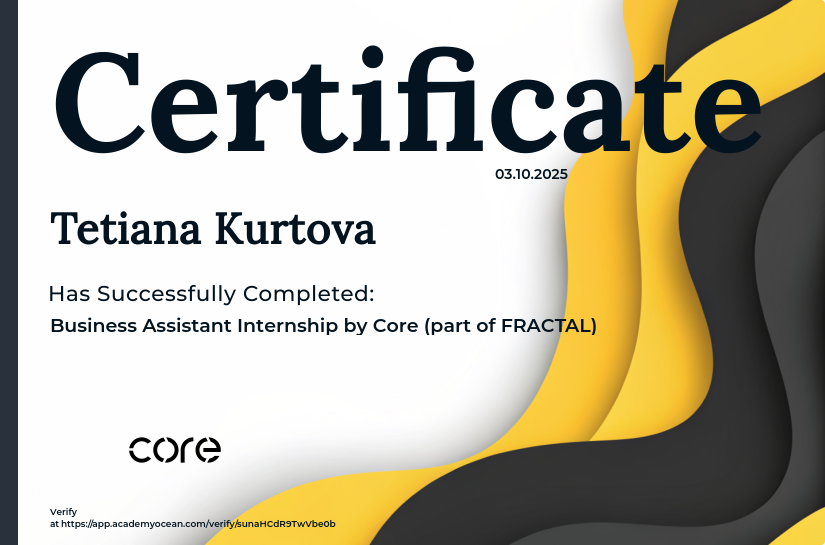 Інтернатура Бізнес-асистентів certificate: Business Assistant Internship by Core (part of FRACTAL)