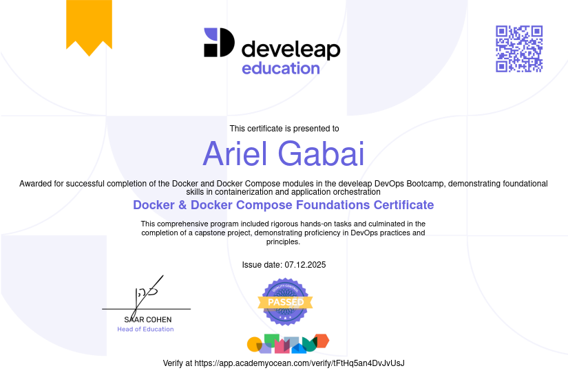 Develeap certificate: Docker & Docker Compose Foundations Certificate