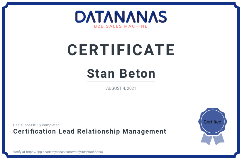 academy certificate: Certification Lead Relationship Management