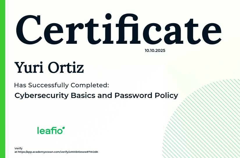 Leafio EN certificate: Cybersecurity Basics and Password Policy