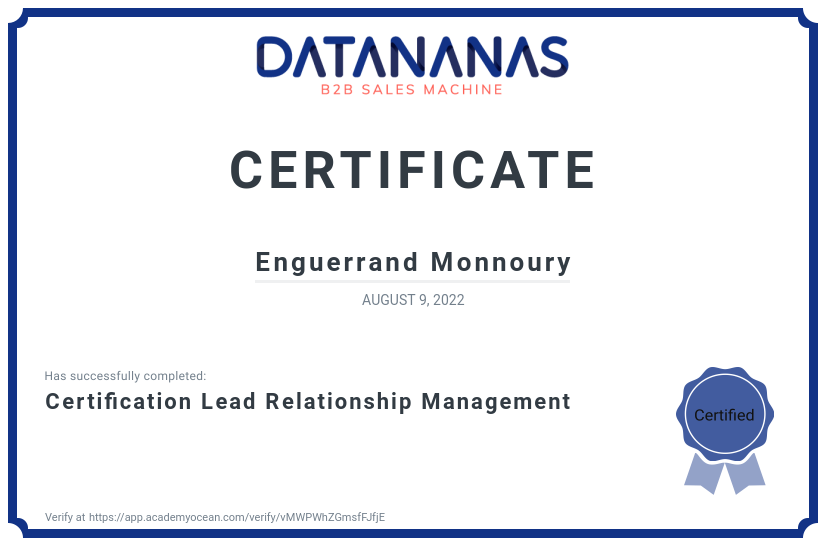 academy certificate: Certification Lead Relationship Management
