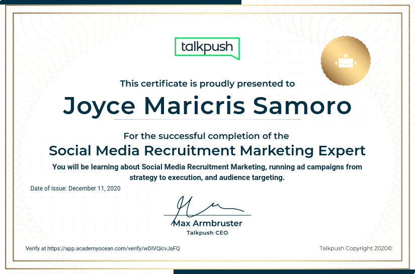 Talkpush certificate: Social Media Recruitment Marketing Expert