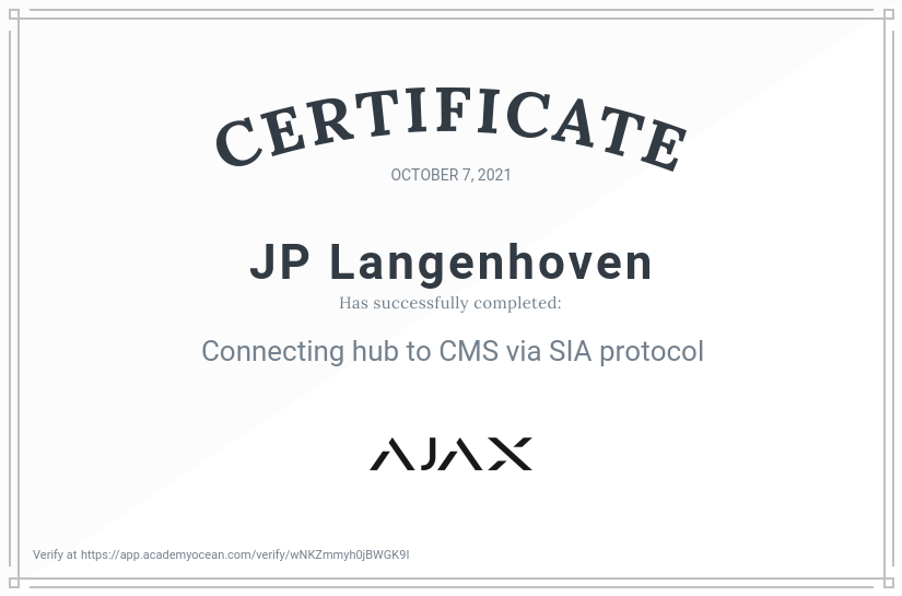 Ajax Systems EN certificate: Connecting hub to CMS via SIA protocol