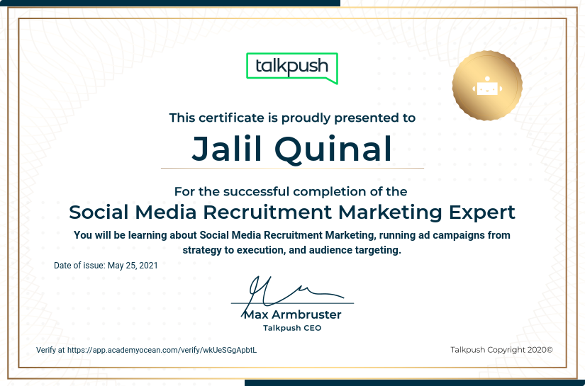 Talkpush certificate: Social Media Recruitment Marketing Expert