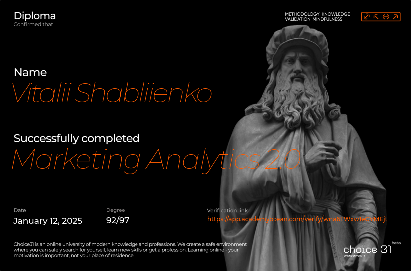 Choice31 certificate: Marketing Analytics 2.0