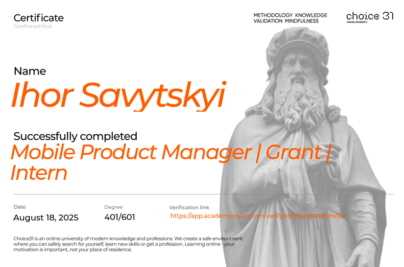 Choice31 certificate: Mobile Product Manager | Grant | Intern
