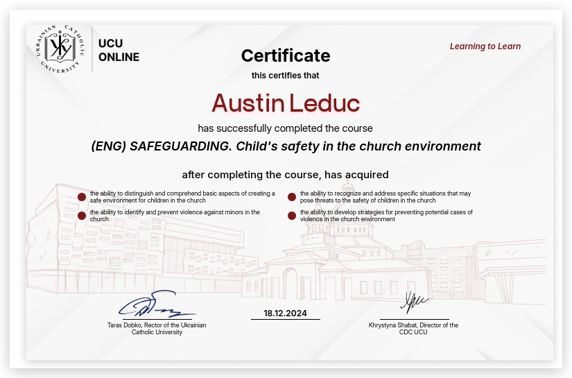UCU.Online certificate: (ENG) SAFEGUARDING. Child's safety in the church environment