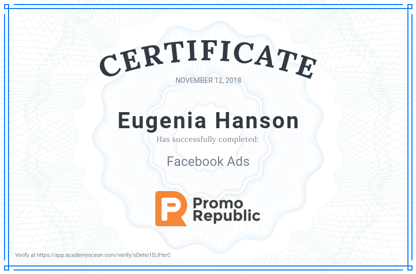 PromoRepublic certificate: Facebook Ads