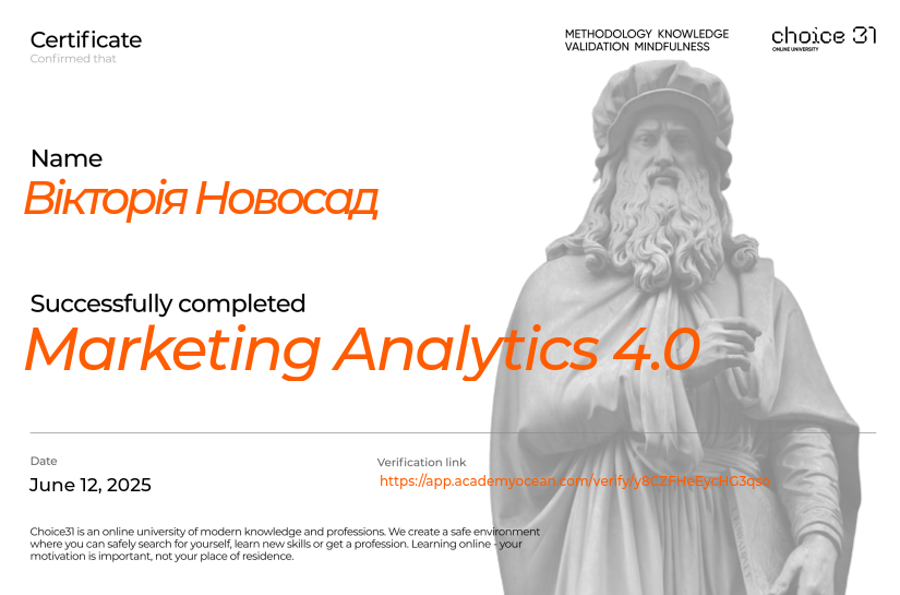 Choice31 certificate: Marketing Analytics 4.0