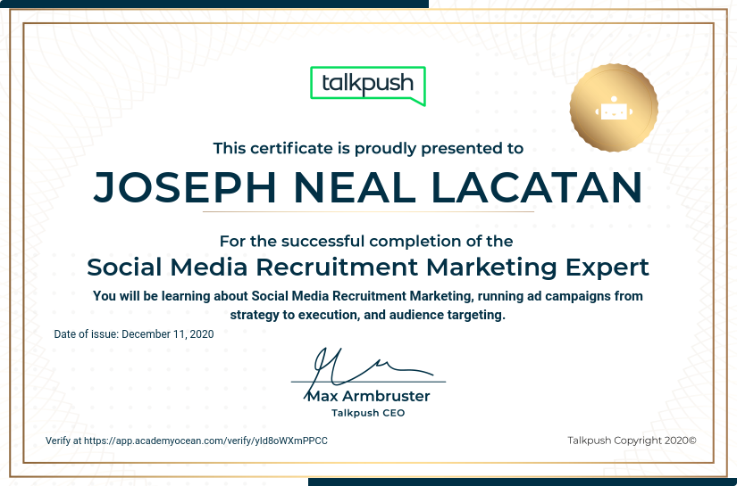 Talkpush certificate: Social Media Recruitment Marketing Expert