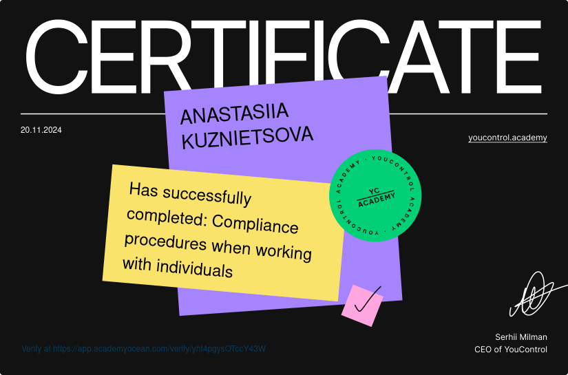 YouControl Academy certificate: Compliance procedures when working with individuals