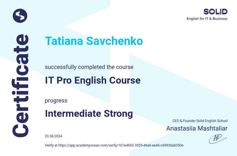 Solid English School certificate: IT Pro English Course