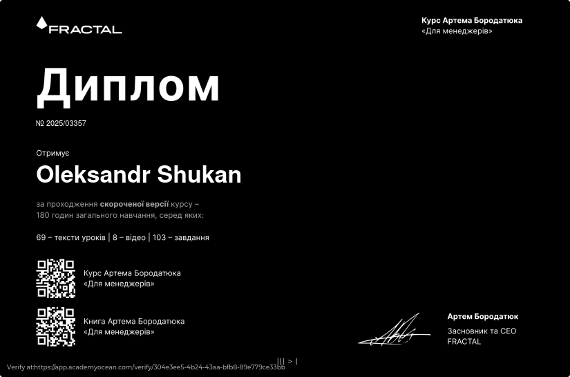 Курс Артема Бородатюка «Для менеджерів» у форматі стислих уроків certificate: Фінальна перевірка знань