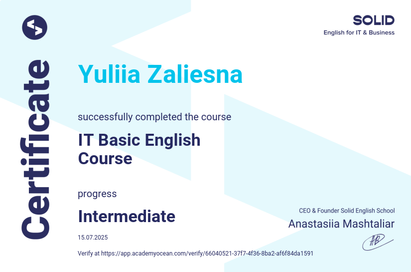 Solid English School certificate: IT Basic English Course