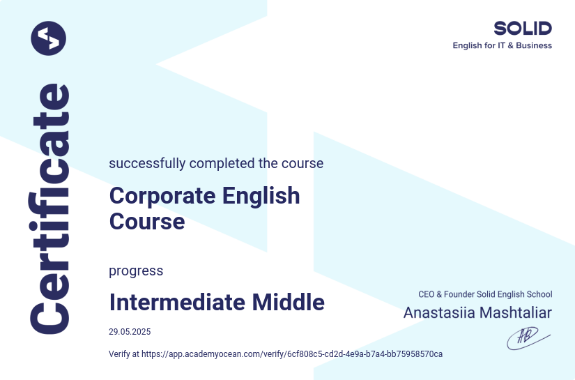 Solid English School Сorporate certificate: Corporate English Course