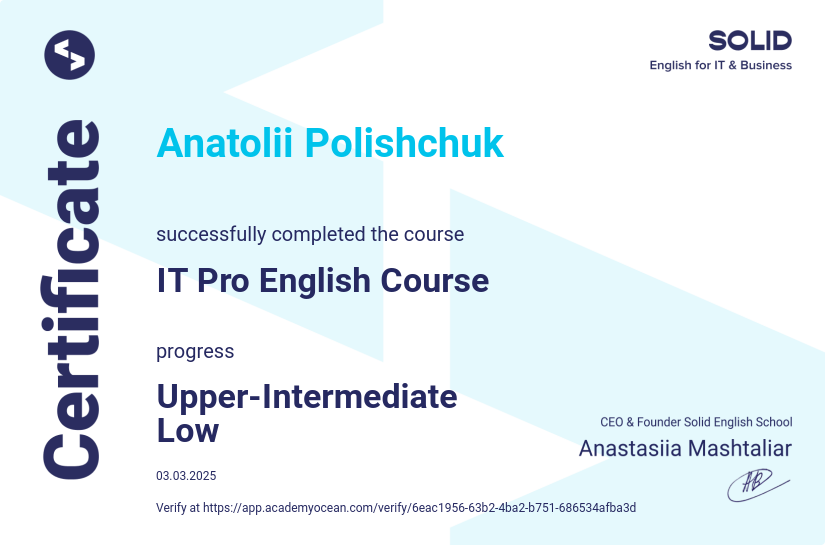 Solid English School certificate: IT Pro English Course