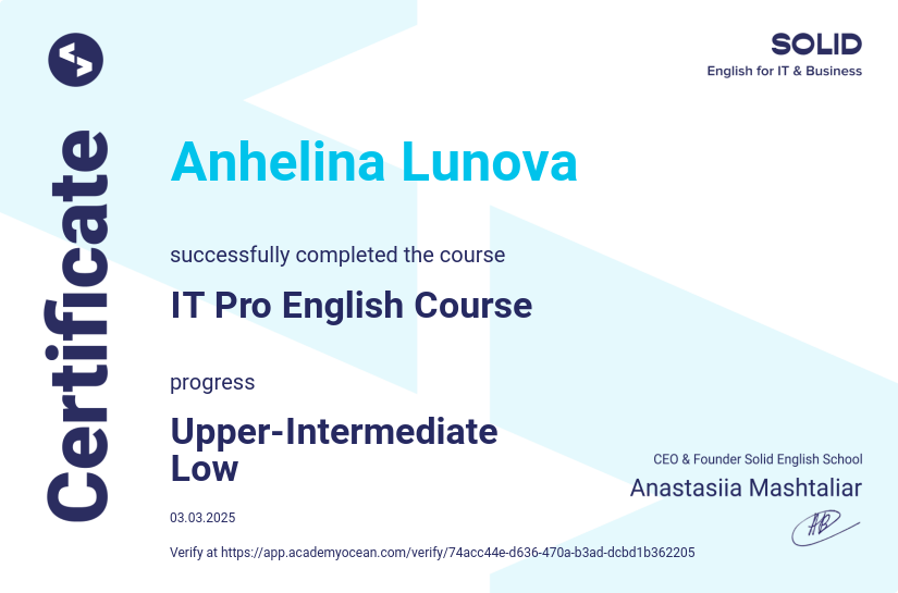 Solid English School certificate: IT Pro English Course