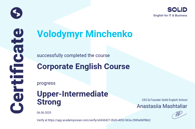 Solid English School Сorporate certificate: Corporate English Course